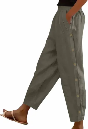 Linen Pants Women Casual Summer Loose Fit Boho Straight Leg Solid Color High Waist Linen Pants Stretch Trousers with Pockets
