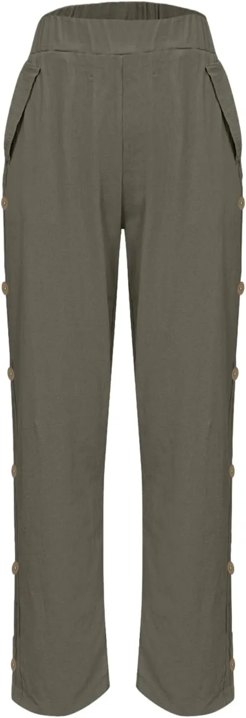 Linen Pants Women Casual Summer Loose Fit Boho Straight Leg Solid Color High Waist Linen Pants Stretch Trousers with Pockets