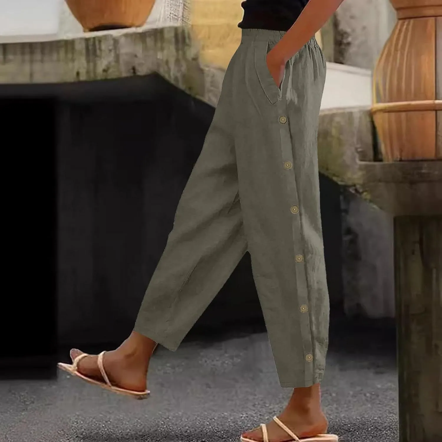 Linen Pants Women Casual Summer Loose Fit Boho Straight Leg Solid Color High Waist Linen Pants Stretch Trousers with Pockets
