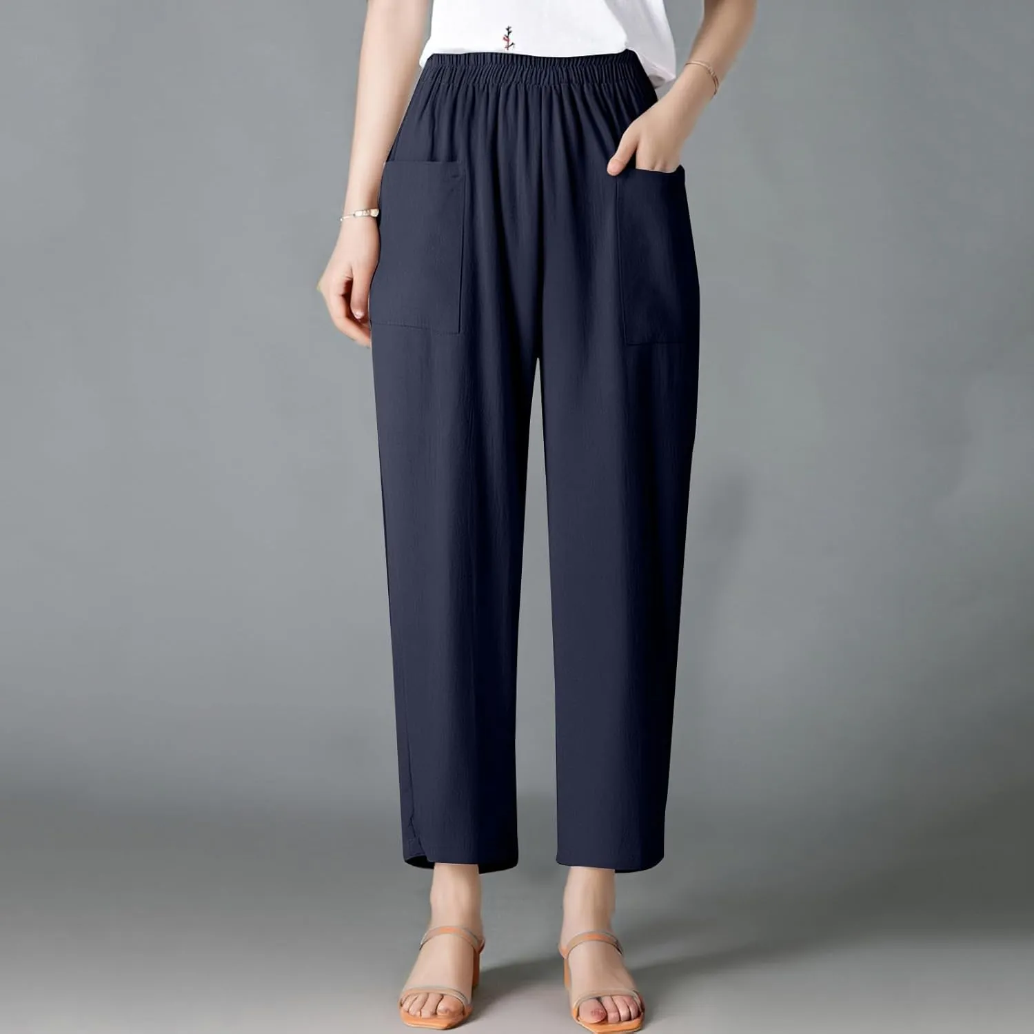 Linen Pants Women Casual Summer Wide Leg Pants High Waisted Trousers Lightweight Palazzo Pant with Pockets (S-2Xl)