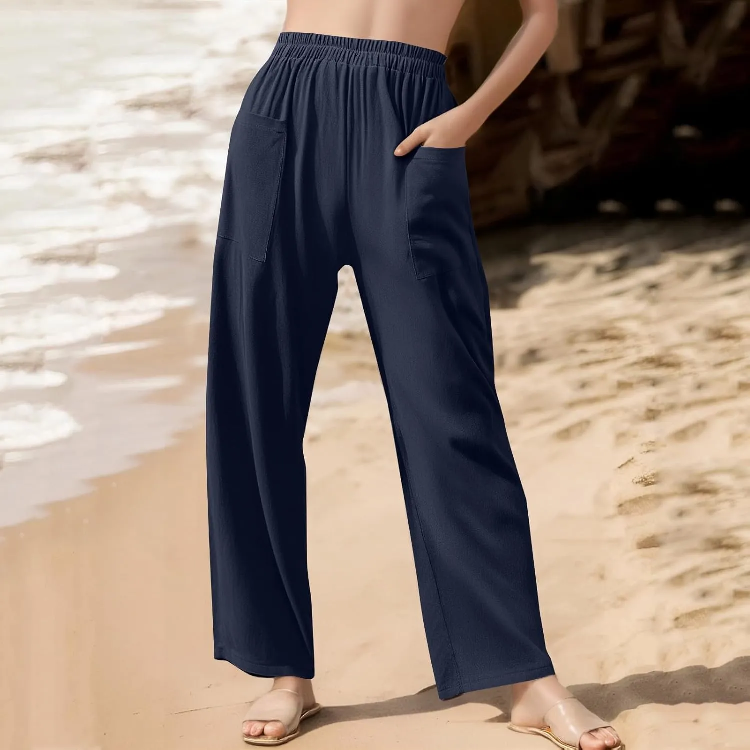 Linen Pants Women Casual Summer Wide Leg Pants High Waisted Trousers Lightweight Palazzo Pant with Pockets (S-2Xl)