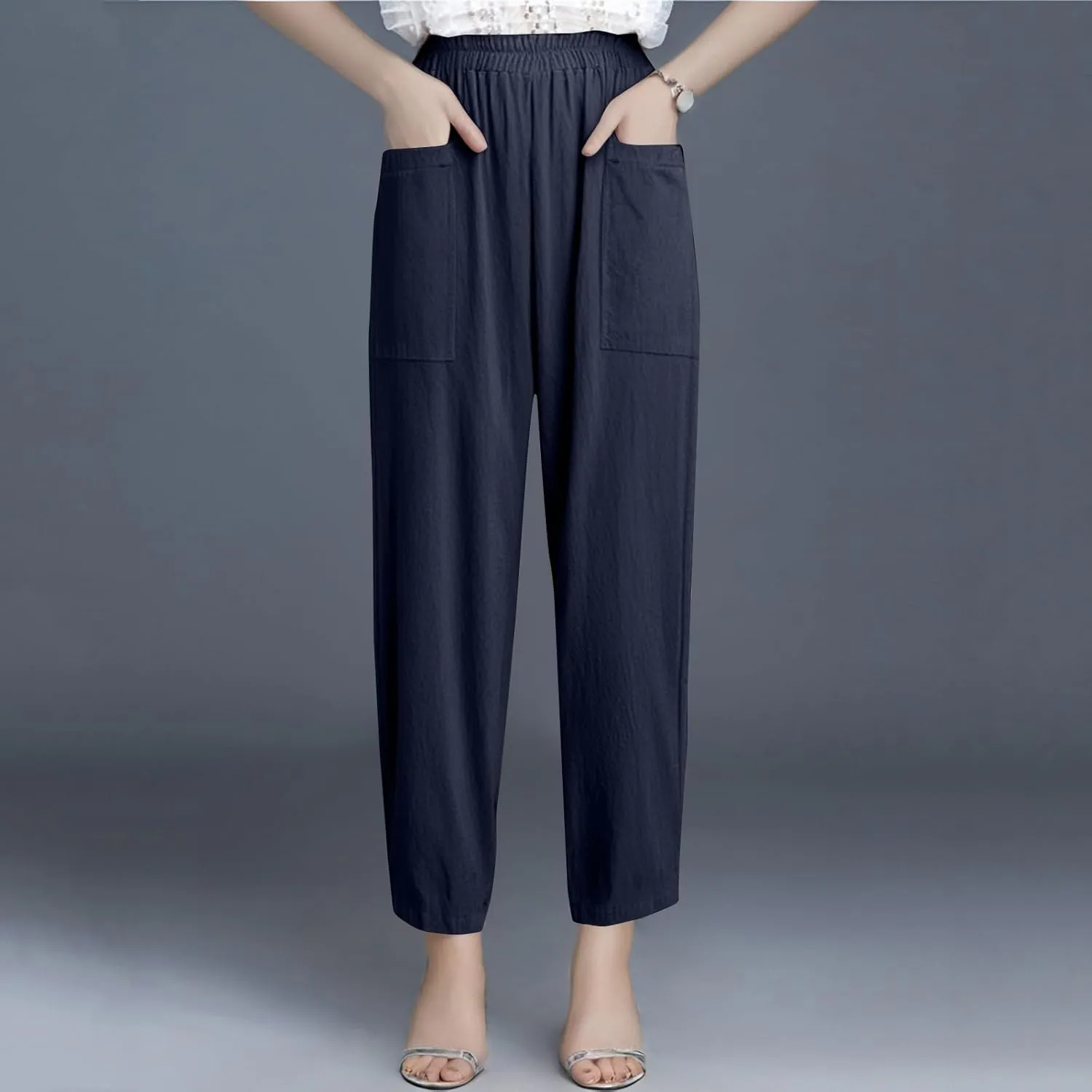 Linen Pants Women Casual Summer Wide Leg Pants High Waisted Trousers Lightweight Palazzo Pant with Pockets (S-2Xl)