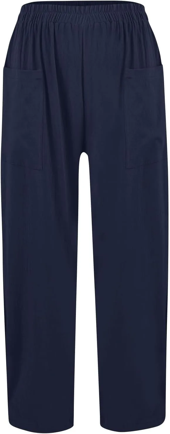 Linen Pants Women Casual Summer Wide Leg Pants High Waisted Trousers Lightweight Palazzo Pant with Pockets (S-2Xl)