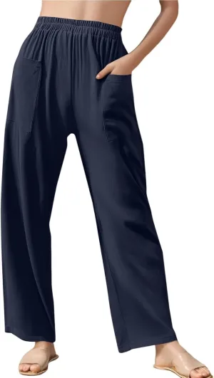 Linen Pants Women Casual Summer Wide Leg Pants High Waisted Trousers Lightweight Palazzo Pant with Pockets (S-2Xl)