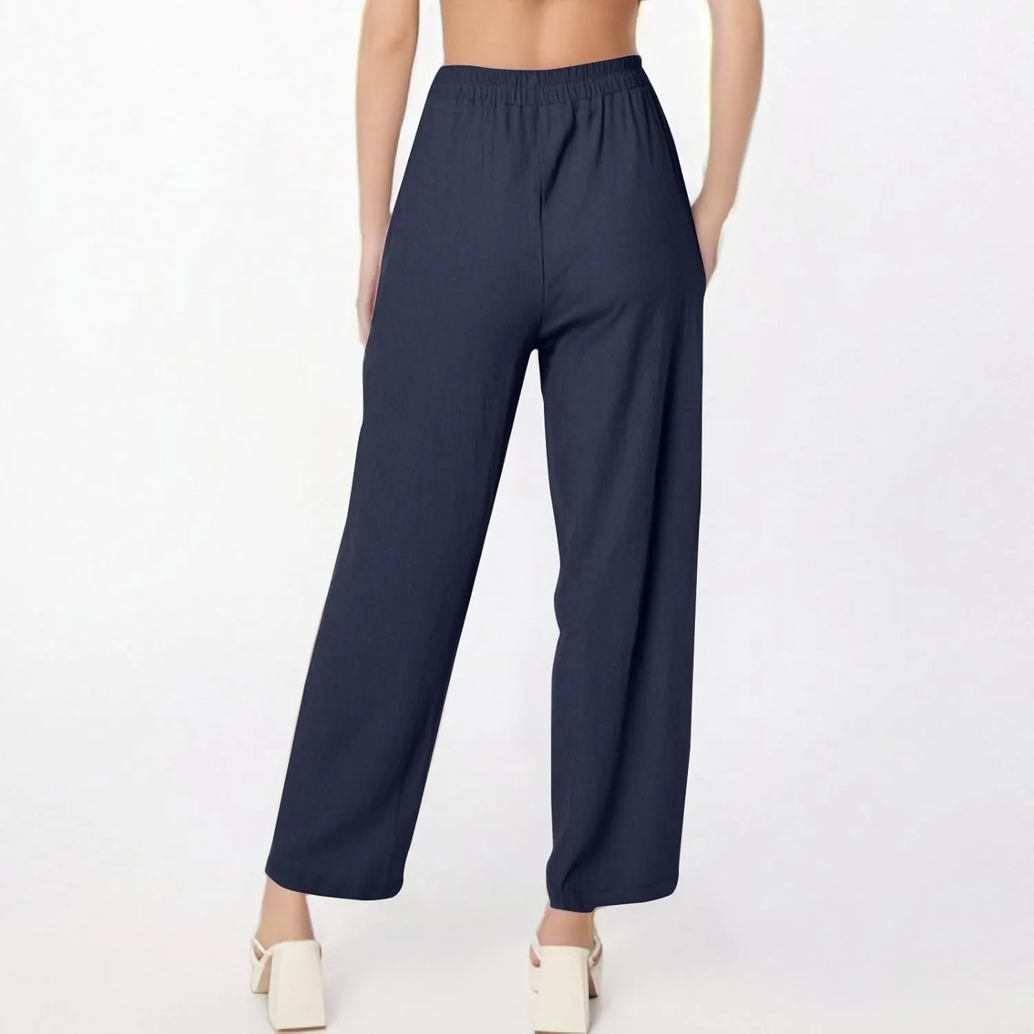 Linen Pants Women Casual Summer Wide Leg Pants High Waisted Trousers Lightweight Palazzo Pant with Pockets (S-2Xl)