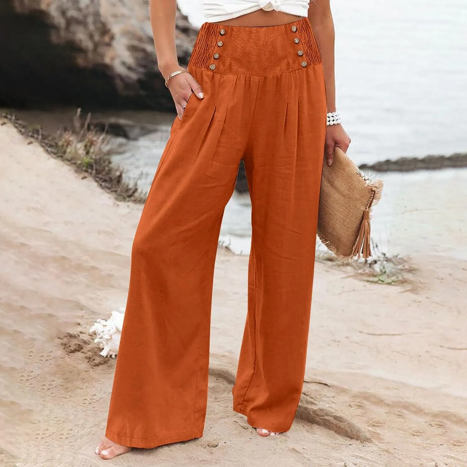 Linen Pants Women Comfy Flowy Wide Leg Pants Trousers Summer High Waisted Beach Palazzo Pants with Pockets 2025