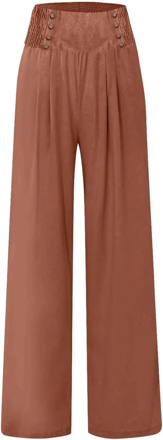 Linen Pants Women Comfy Flowy Wide Leg Pants Trousers Summer High Waisted Beach Palazzo Pants with Pockets 2025
