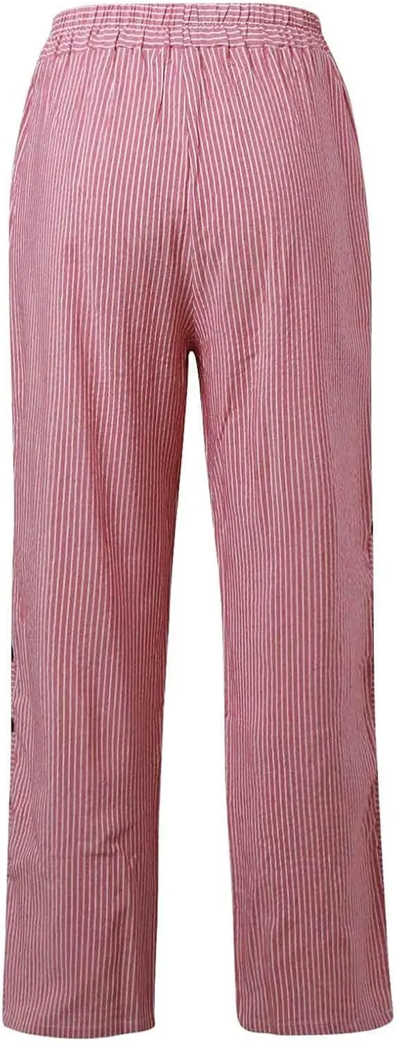 Linen Pants Women Ladies Summer Casual Beach Solid Color Plus Size High Waisted Linen Pants Elastic Waist Streetwear Trousers