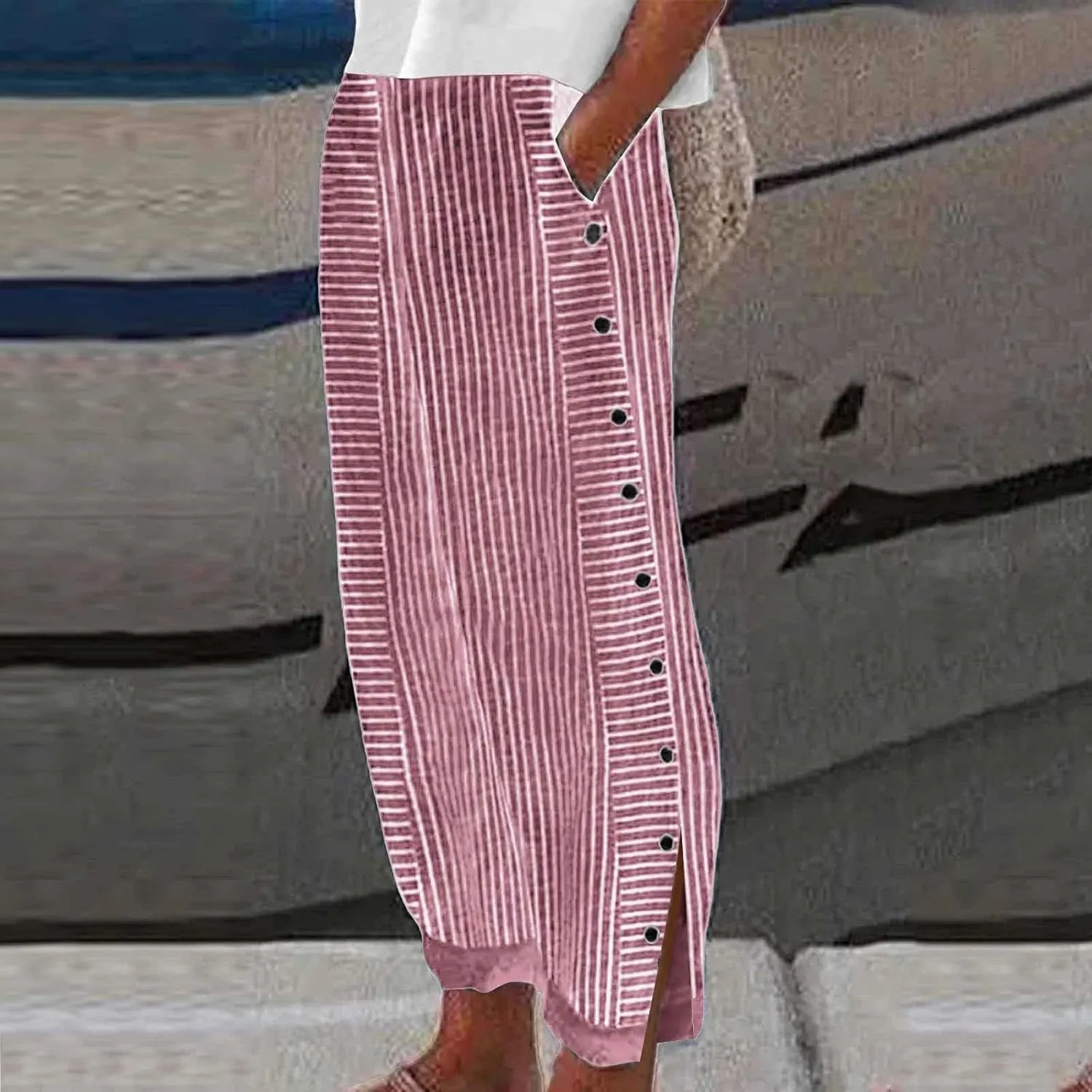 Linen Pants Women Ladies Summer Casual Beach Solid Color Plus Size High Waisted Linen Pants Elastic Waist Streetwear Trousers