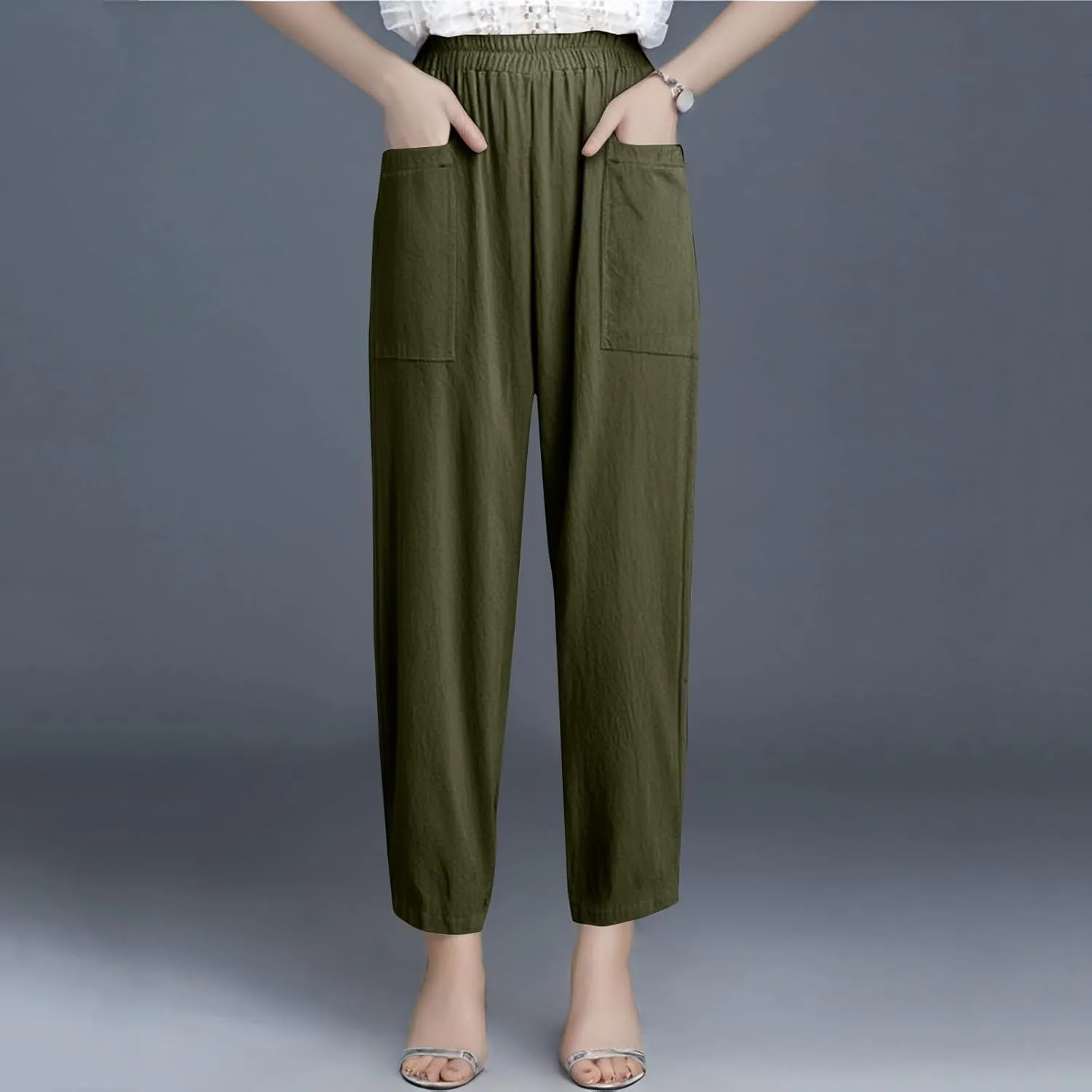 Linen Pants Women Summer Palazzo Pants Elastic High Waist Trouser Travel Wide Leg Pant with Pockets (S-2Xl)