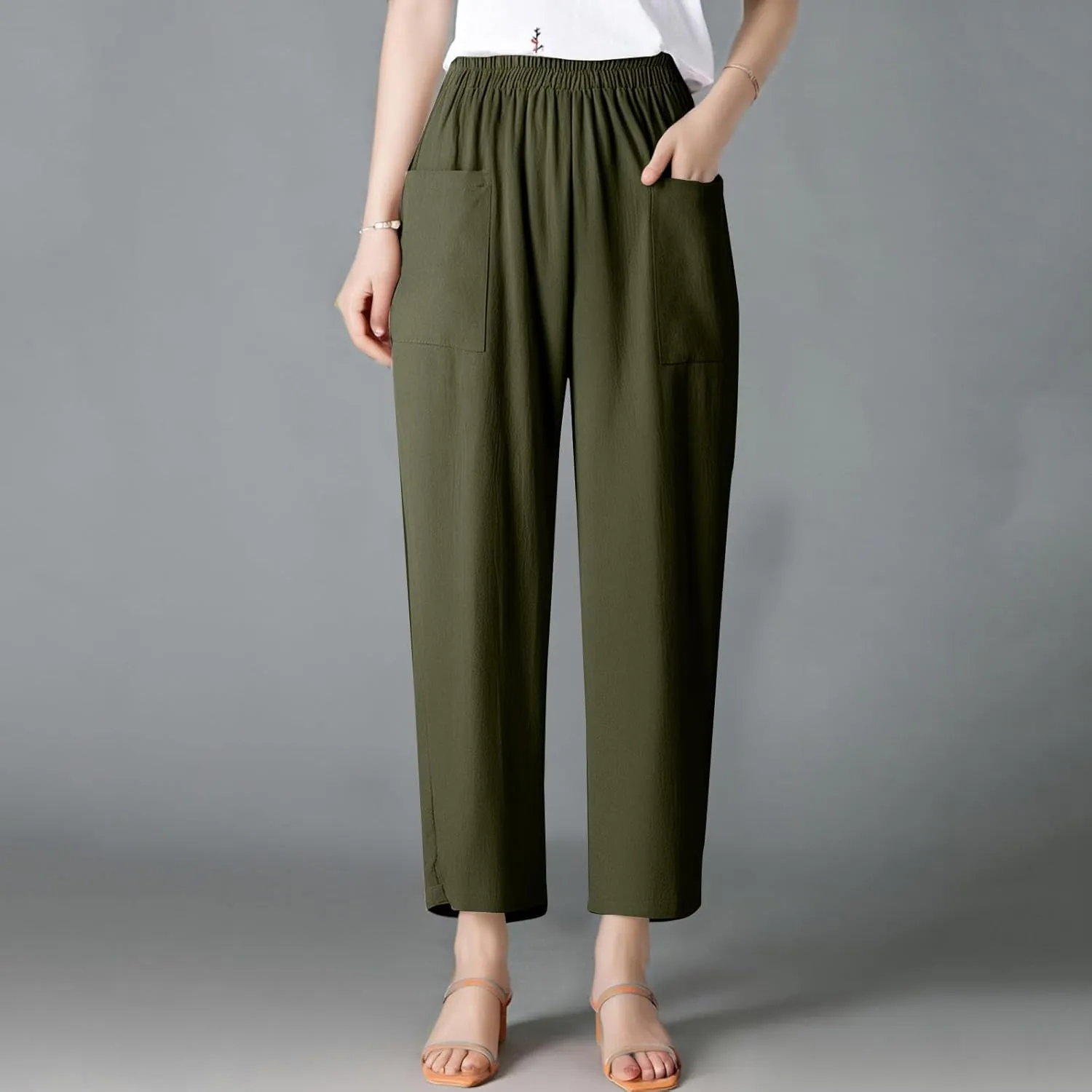 Linen Pants Women Summer Palazzo Pants Elastic High Waist Trouser Travel Wide Leg Pant with Pockets (S-2Xl)