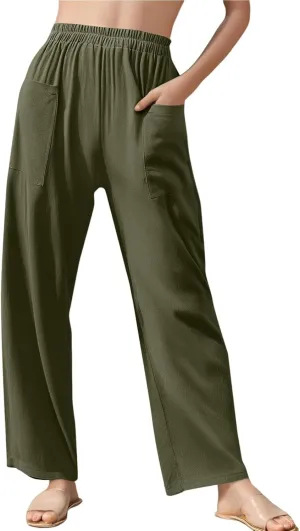 Linen Pants Women Summer Palazzo Pants Elastic High Waist Trouser Travel Wide Leg Pant with Pockets (S-2Xl)