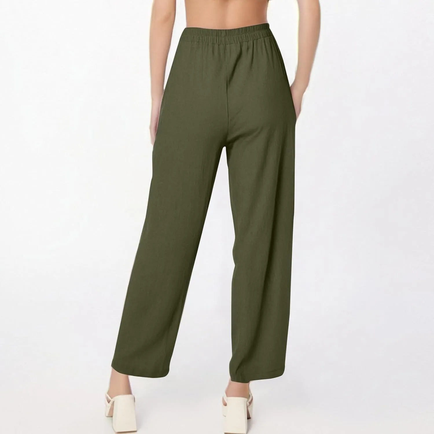 Linen Pants Women Summer Palazzo Pants Elastic High Waist Trouser Travel Wide Leg Pant with Pockets (S-2Xl)