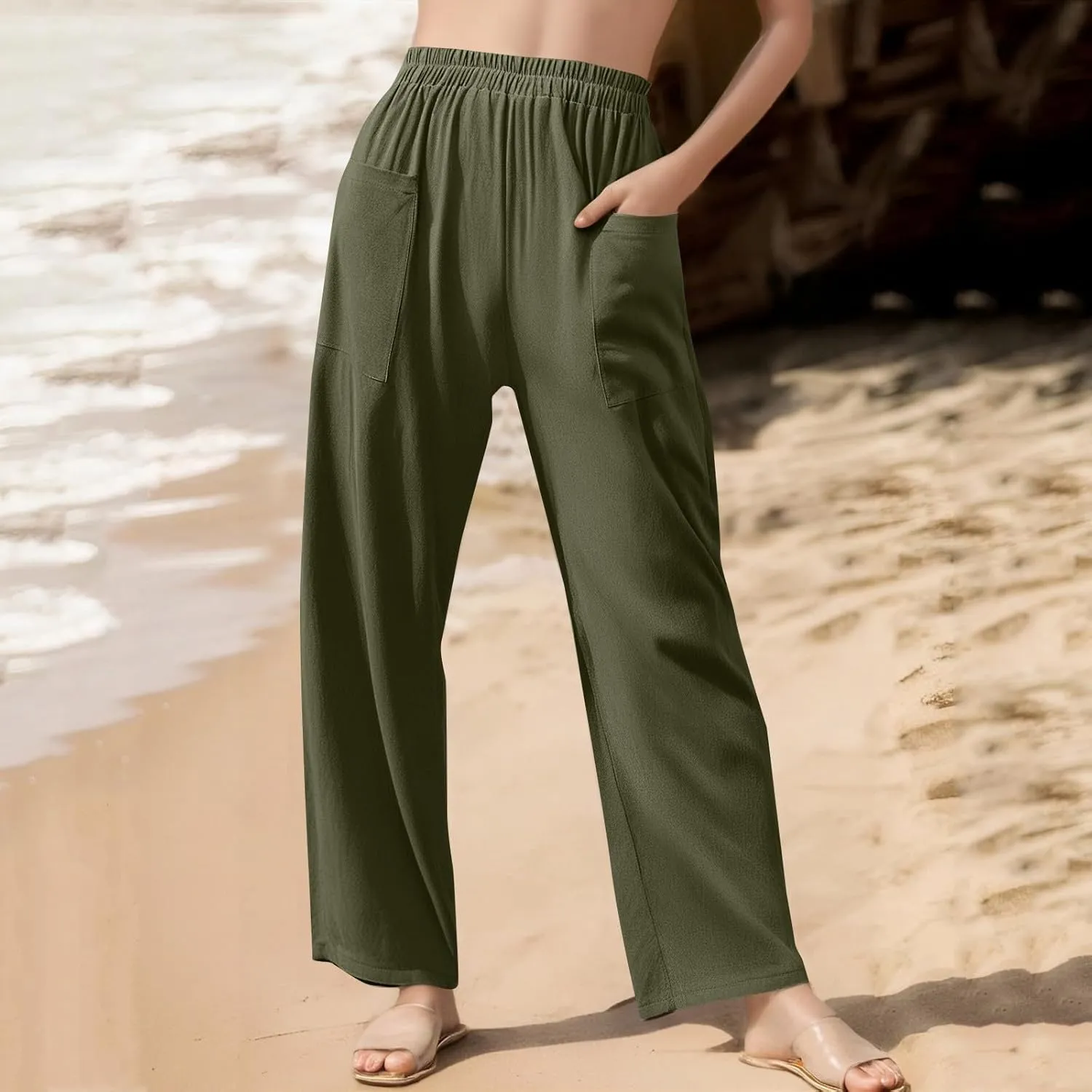 Linen Pants Women Summer Palazzo Pants Elastic High Waist Trouser Travel Wide Leg Pant with Pockets (S-2Xl)