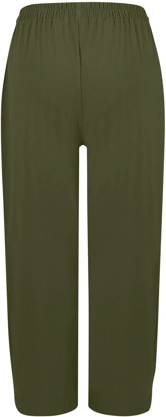 Linen Pants Women Summer Palazzo Pants Elastic High Waist Trouser Travel Wide Leg Pant with Pockets (S-2Xl)