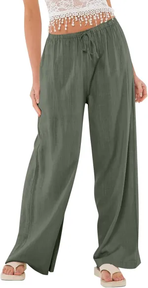 Linen Pants Women Summer Wide Leg Pants Drawstring Elastic Waist Trousers Baggy Maternity Palazzo Pant with Pockets