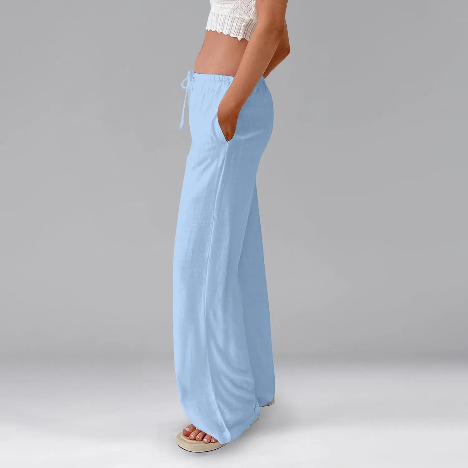 Linen Pants Women Summer Wide Leg Pants Drawstring Elastic Waist Trousers Baggy Maternity Palazzo Pant with Pockets