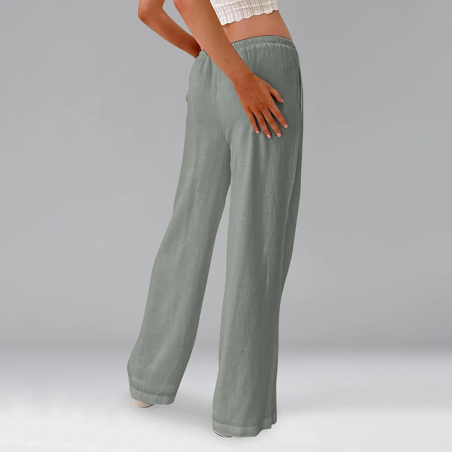 Linen Pants Women Summer Wide Leg Pants Drawstring Elastic Waist Trousers Baggy Maternity Palazzo Pant with Pockets