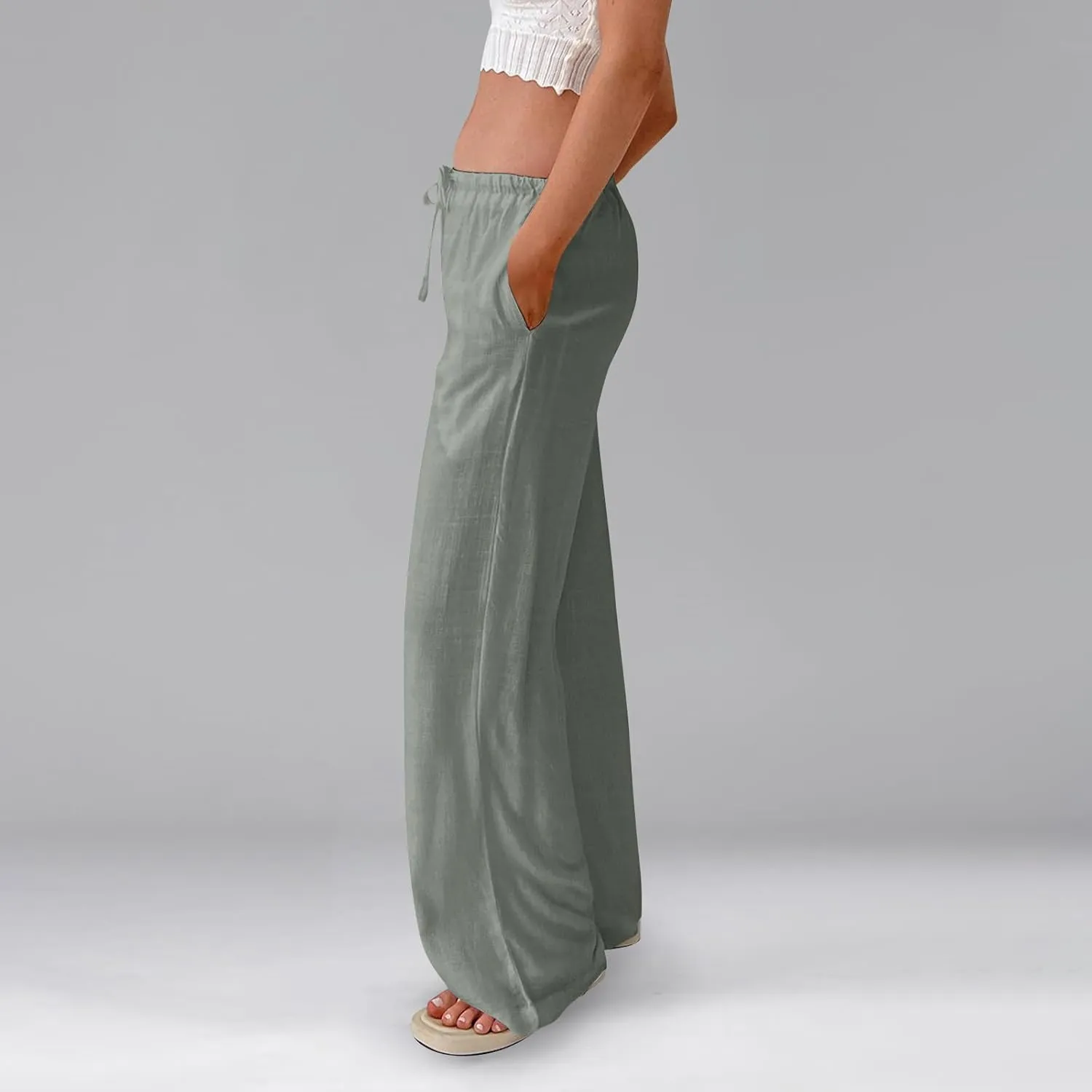 Linen Pants Women Summer Wide Leg Pants Drawstring Elastic Waist Trousers Baggy Maternity Palazzo Pant with Pockets