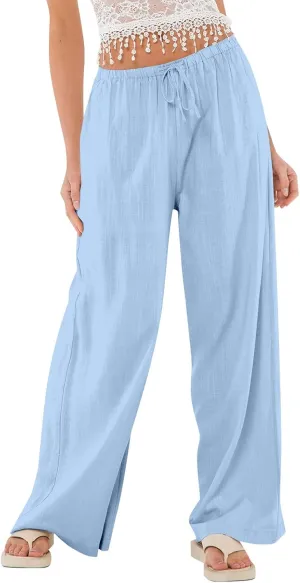 Linen Pants Women Summer Wide Leg Pants Drawstring Elastic Waist Trousers Baggy Maternity Palazzo Pant with Pockets