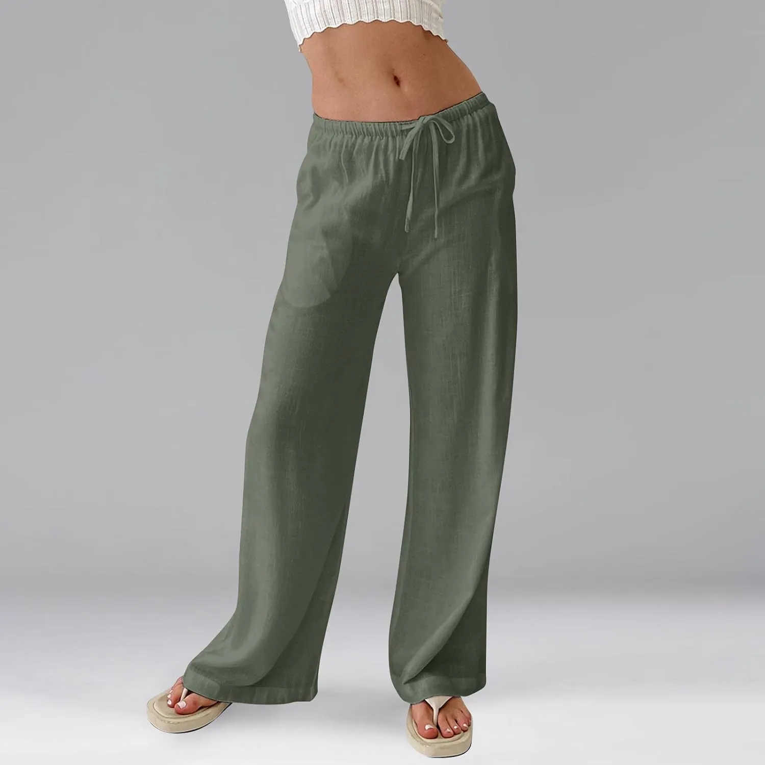 Linen Pants Women Summer Wide Leg Pants Drawstring Elastic Waist Trousers Baggy Maternity Palazzo Pant with Pockets