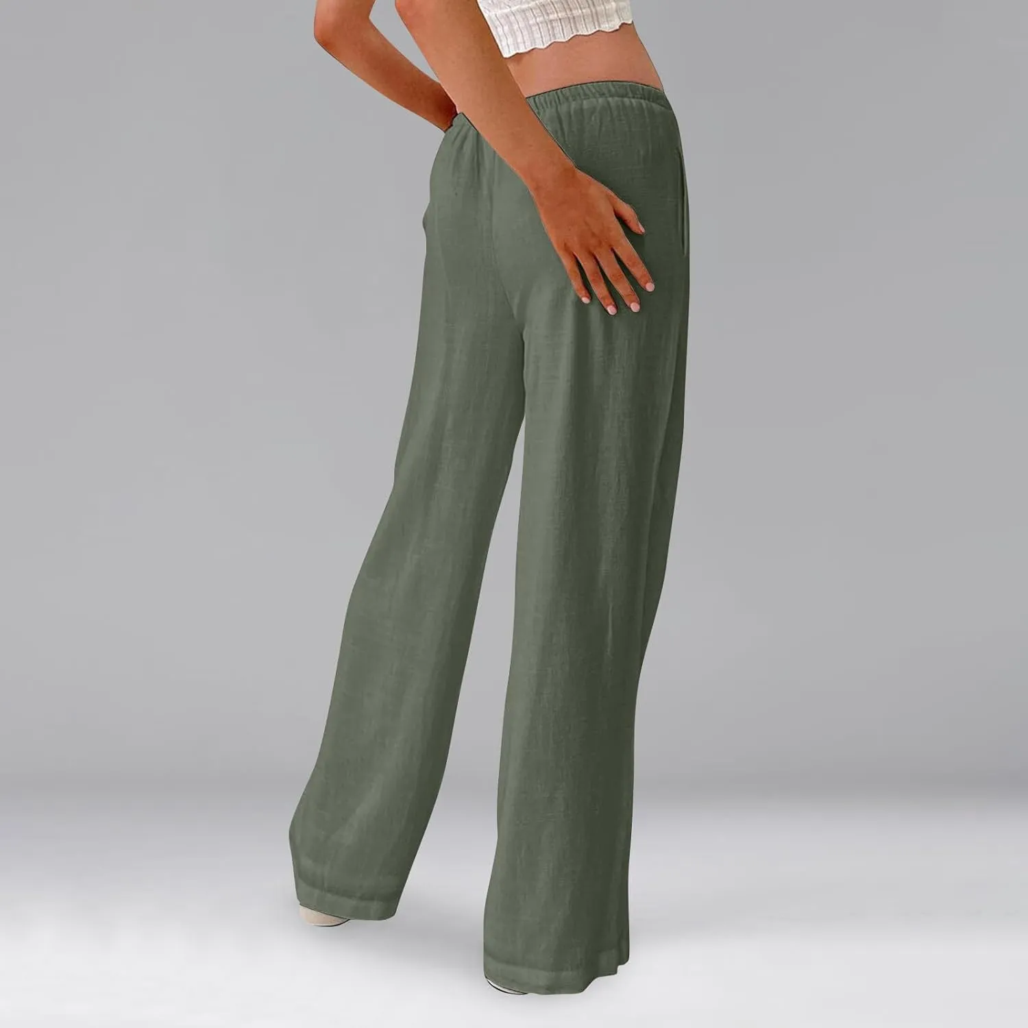 Linen Pants Women Summer Wide Leg Pants Drawstring Elastic Waist Trousers Baggy Maternity Palazzo Pant with Pockets