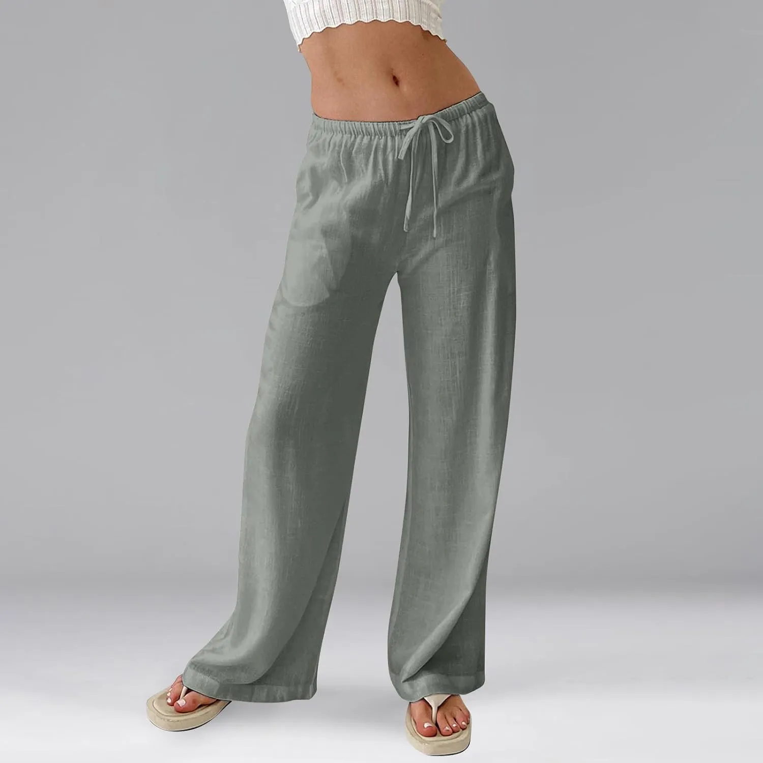 Linen Pants Women Summer Wide Leg Pants Drawstring Elastic Waist Trousers Baggy Maternity Palazzo Pant with Pockets