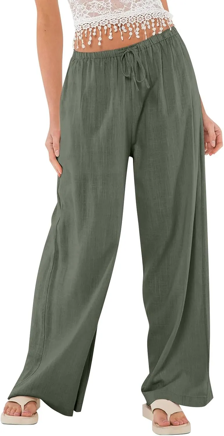 Linen Pants Women Summer Wide Leg Pants Drawstring Elastic Waist Trousers Baggy Maternity Palazzo Pant with Pockets