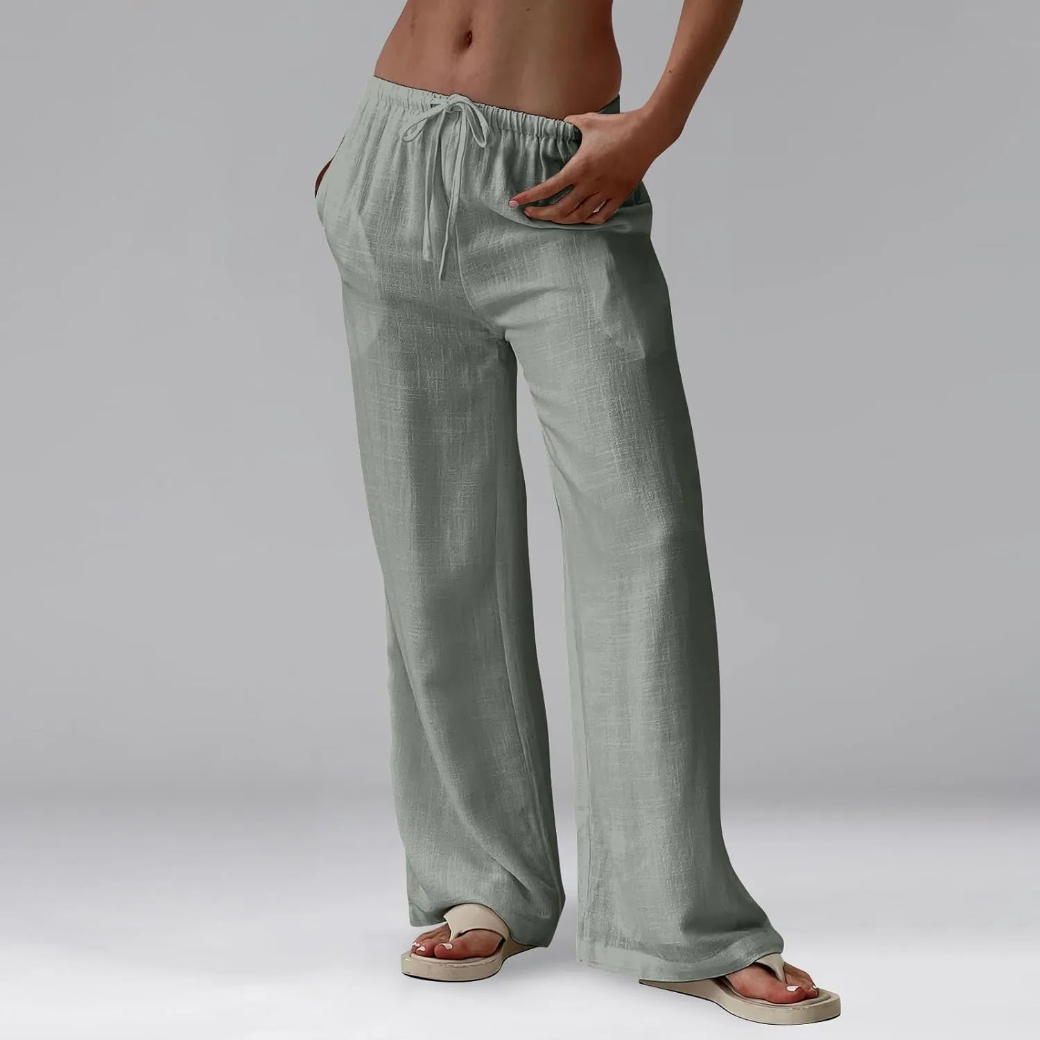 Linen Pants Women Summer Wide Leg Pants Drawstring Elastic Waist Trousers Baggy Maternity Palazzo Pant with Pockets