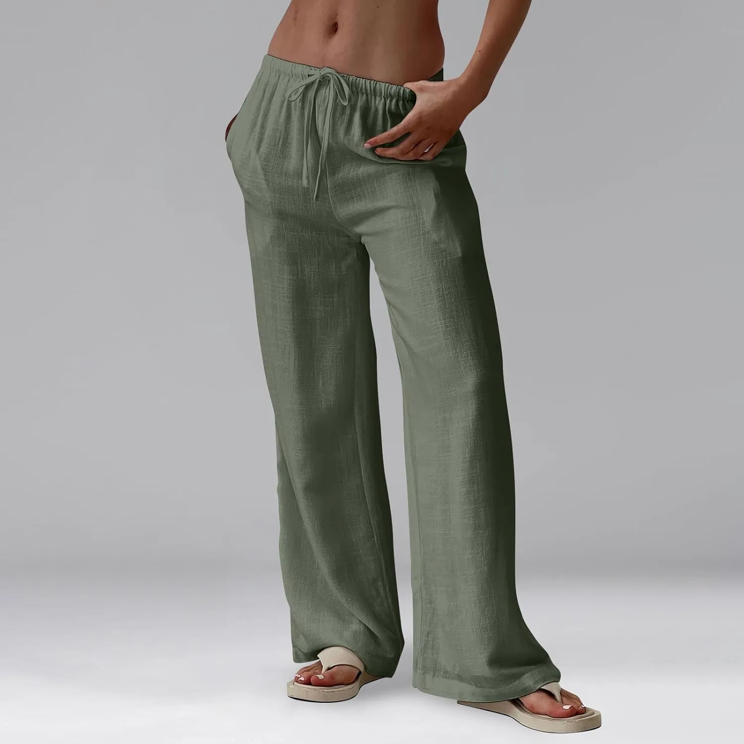 Linen Pants Women Summer Wide Leg Pants Drawstring Elastic Waist Trousers Baggy Maternity Palazzo Pant with Pockets