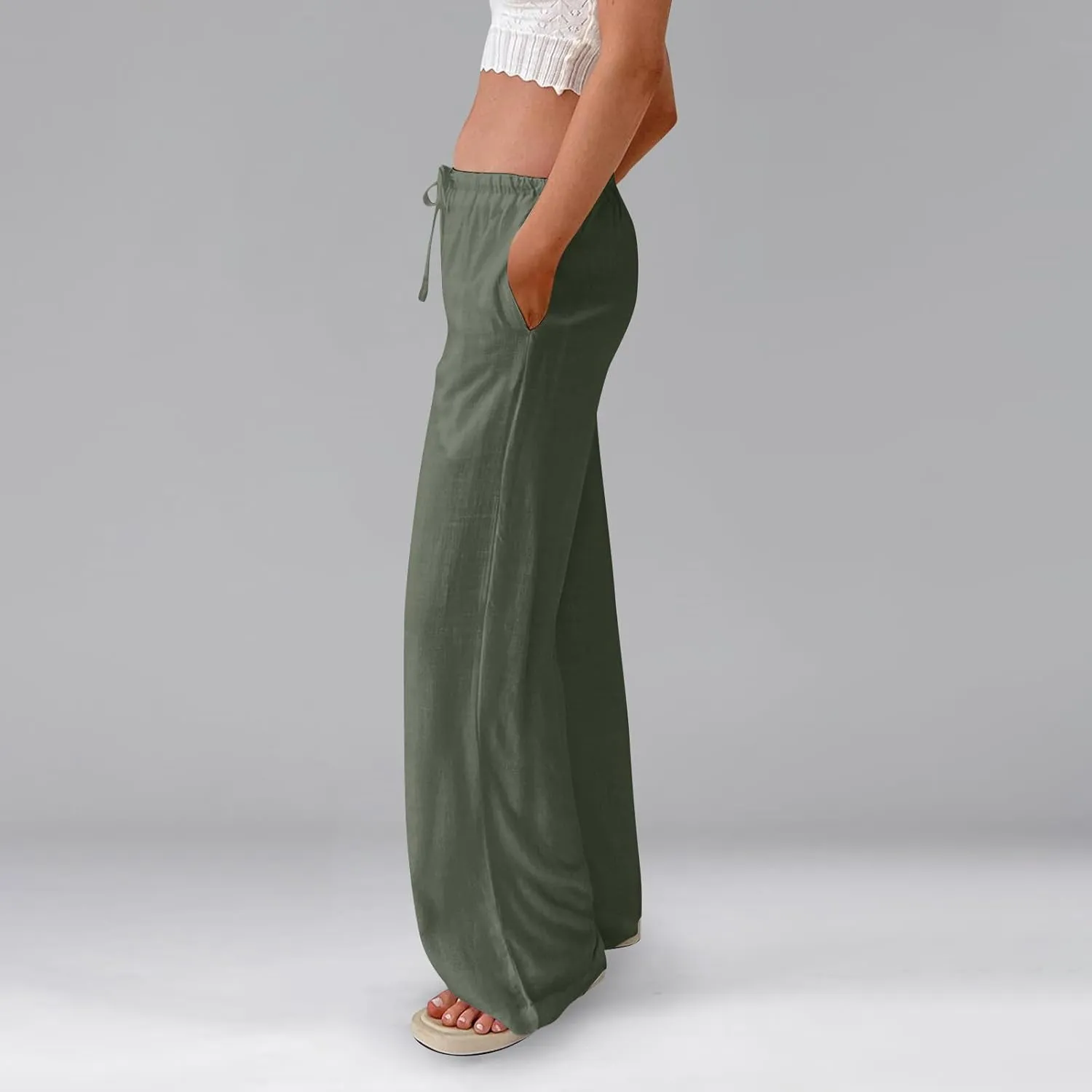 Linen Pants Women Summer Wide Leg Pants Drawstring Elastic Waist Trousers Baggy Maternity Palazzo Pant with Pockets