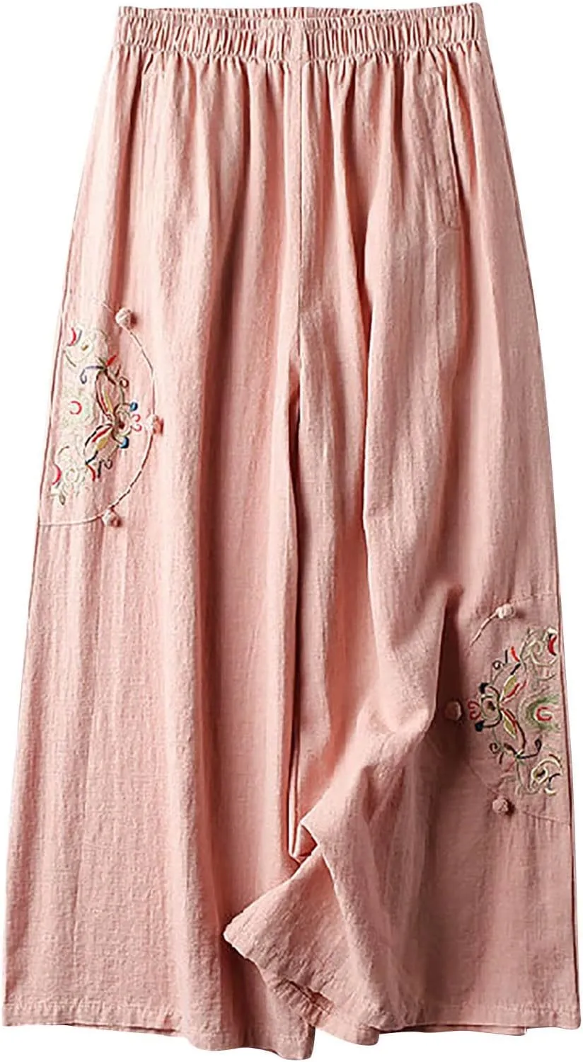 Linen Pants Women Trendy Ethnic Embroidered Cropped Trousers Summer Casual Wide Leg Lounge Palazzo with Pockets