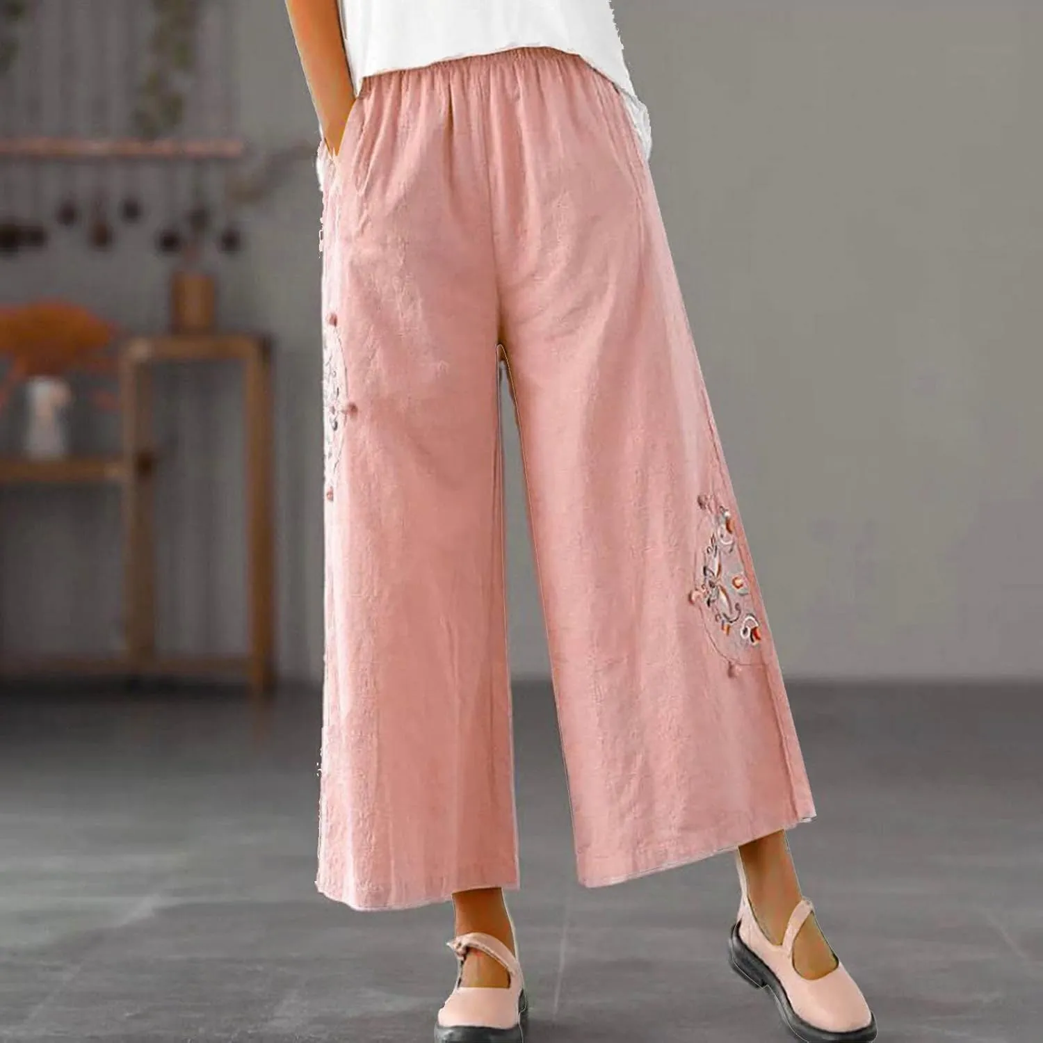 Linen Pants Women Trendy Ethnic Embroidered Cropped Trousers Summer Casual Wide Leg Lounge Palazzo with Pockets