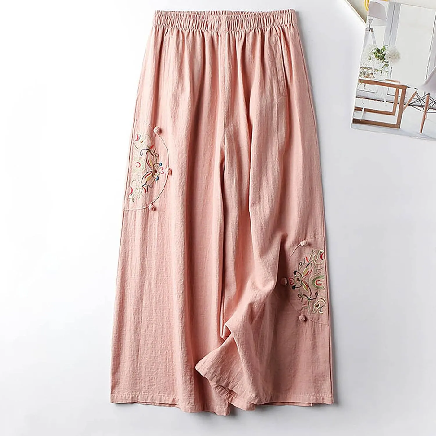 Linen Pants Women Trendy Ethnic Embroidered Cropped Trousers Summer Casual Wide Leg Lounge Palazzo with Pockets