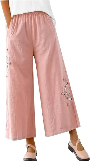Linen Pants Women Trendy Ethnic Embroidered Cropped Trousers Summer Casual Wide Leg Lounge Palazzo with Pockets