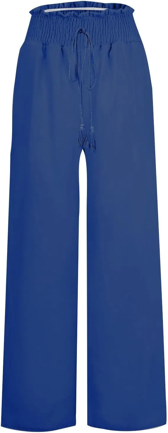 Linen Summer Pants for Women Lightweigh Elastic High Waist Wide Leg Pants Business Adjustable Tie Knot Trousers
