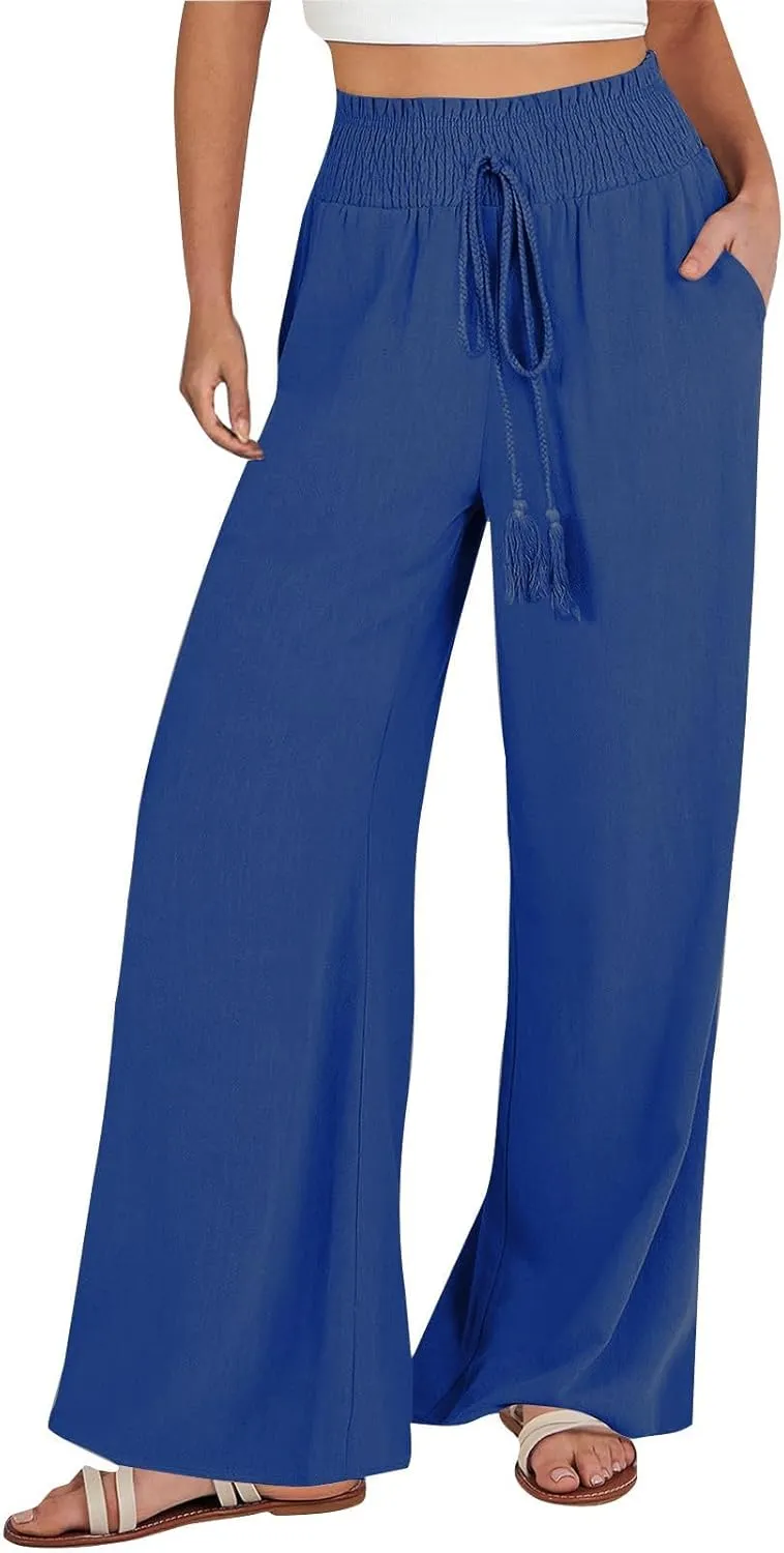 Linen Summer Pants for Women Lightweigh Elastic High Waist Wide Leg Pants Business Adjustable Tie Knot Trousers