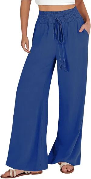 Linen Summer Pants for Women Lightweigh Elastic High Waist Wide Leg Pants Business Adjustable Tie Knot Trousers