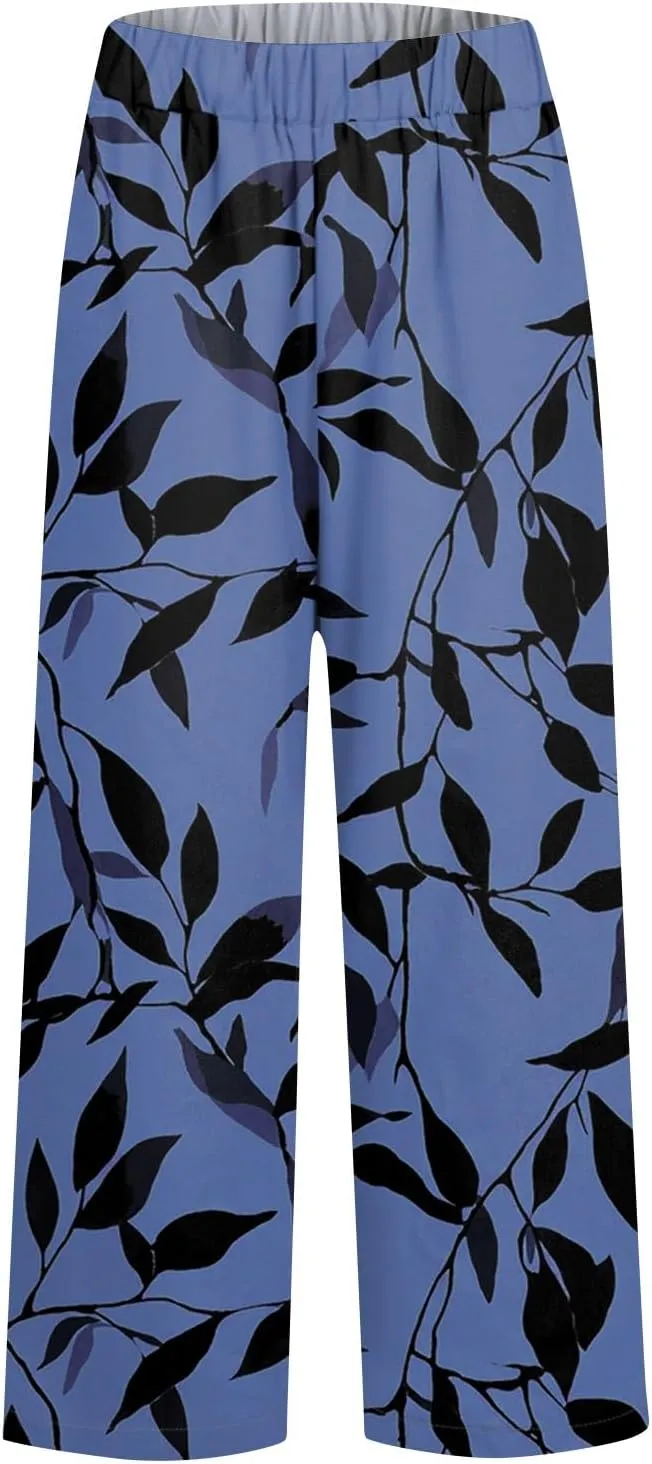 Linen Tall Pants for Women Summer Loose Fit Elastic Waist Wide Leg Pants Soft High Waist Straight Floral Print Outfits