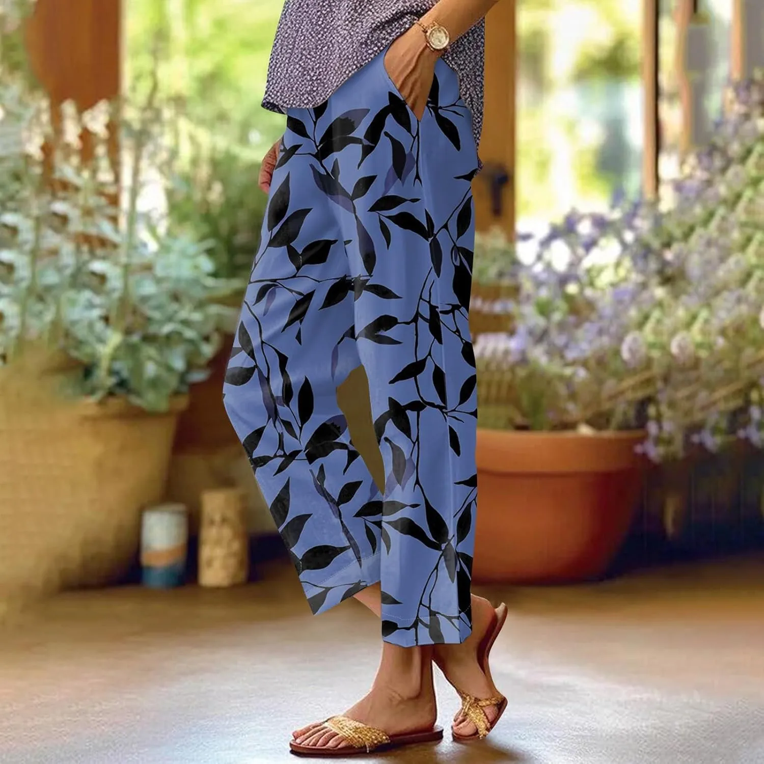 Linen Tall Pants for Women Summer Loose Fit Elastic Waist Wide Leg Pants Soft High Waist Straight Floral Print Outfits