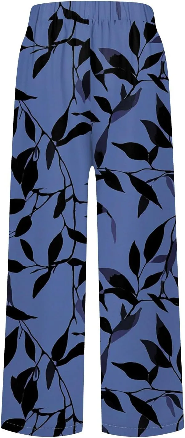 Linen Tall Pants for Women Summer Loose Fit Elastic Waist Wide Leg Pants Soft High Waist Straight Floral Print Outfits