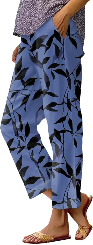 Linen Tall Pants for Women Summer Loose Fit Elastic Waist Wide Leg Pants Soft High Waist Straight Floral Print Outfits
