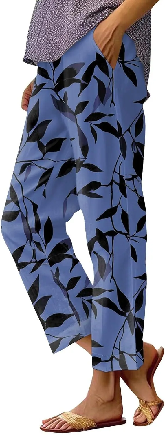 Linen Tall Pants for Women Summer Loose Fit Elastic Waist Wide Leg Pants Soft High Waist Straight Floral Print Outfits