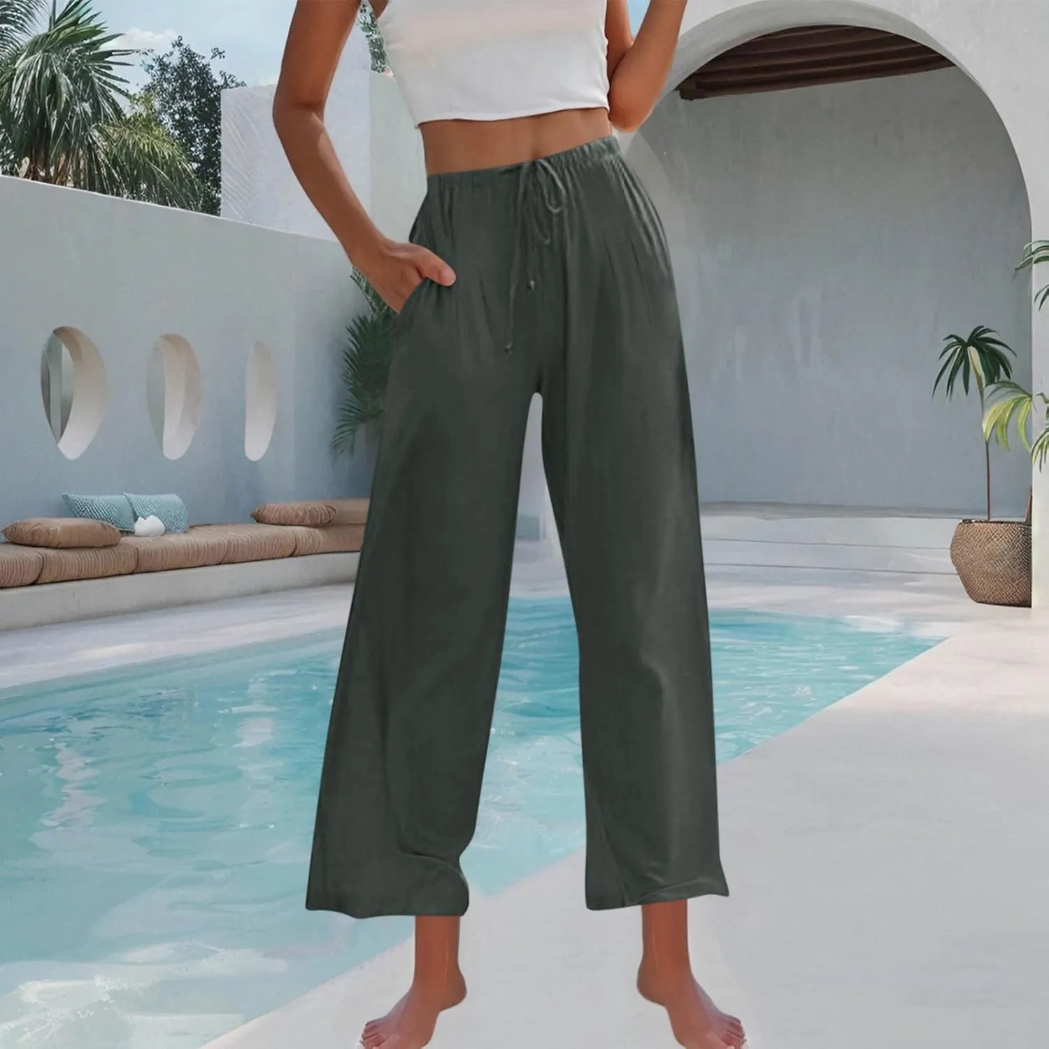 Linen Wide Leg Pants for Women Solid Color Baggy Palazzo Pants 2025 Summer Drawstring Elastic Waisted Trousers