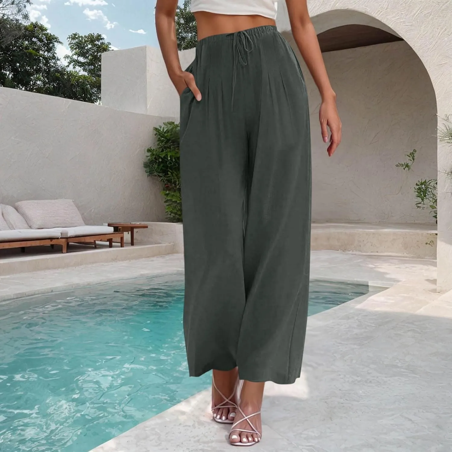 Linen Wide Leg Pants for Women Solid Color Baggy Palazzo Pants 2025 Summer Drawstring Elastic Waisted Trousers