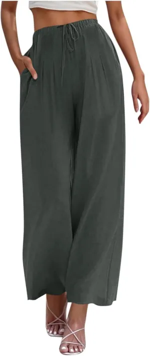 Linen Wide Leg Pants for Women Solid Color Baggy Palazzo Pants 2025 Summer Drawstring Elastic Waisted Trousers