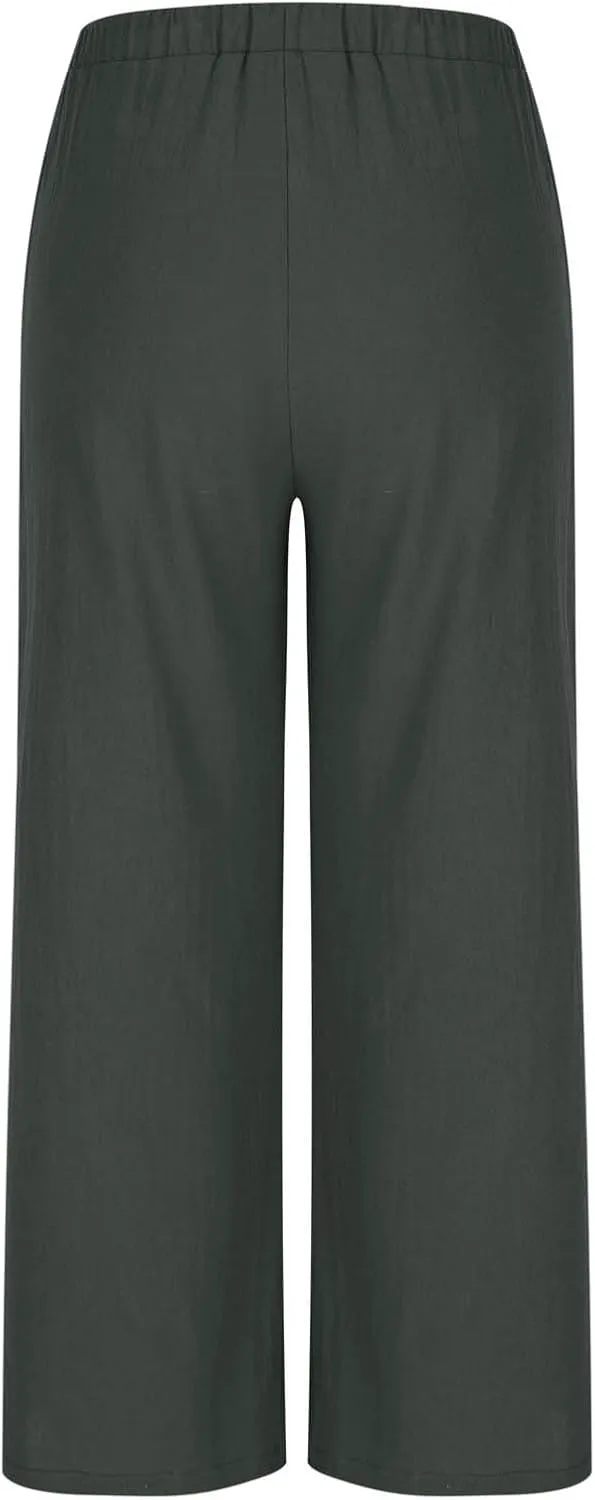 Linen Wide Leg Pants for Women Solid Color Baggy Palazzo Pants 2025 Summer Drawstring Elastic Waisted Trousers