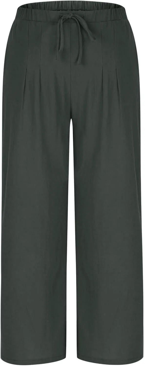 Linen Wide Leg Pants for Women Solid Color Baggy Palazzo Pants 2025 Summer Drawstring Elastic Waisted Trousers