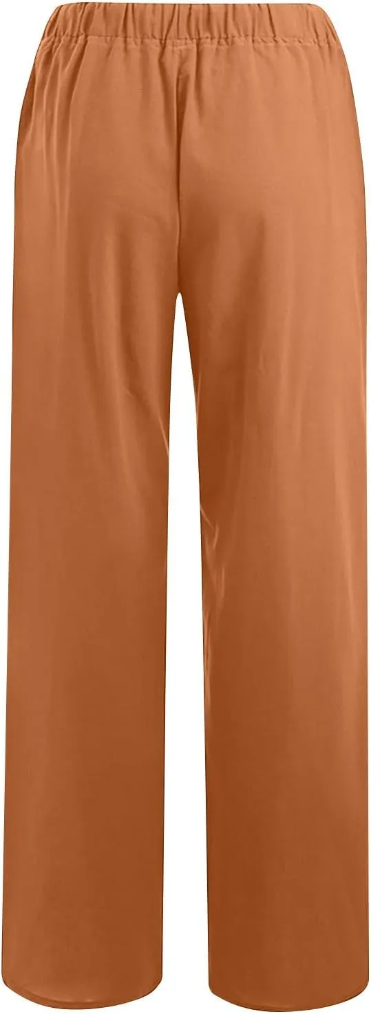 Lmdudan 2 Pc Cotton Linen Pants for Women Beach Pant Plus Size Wide Leg Sweatpants 2025 Summer Cropped Elastic Waist Trousers