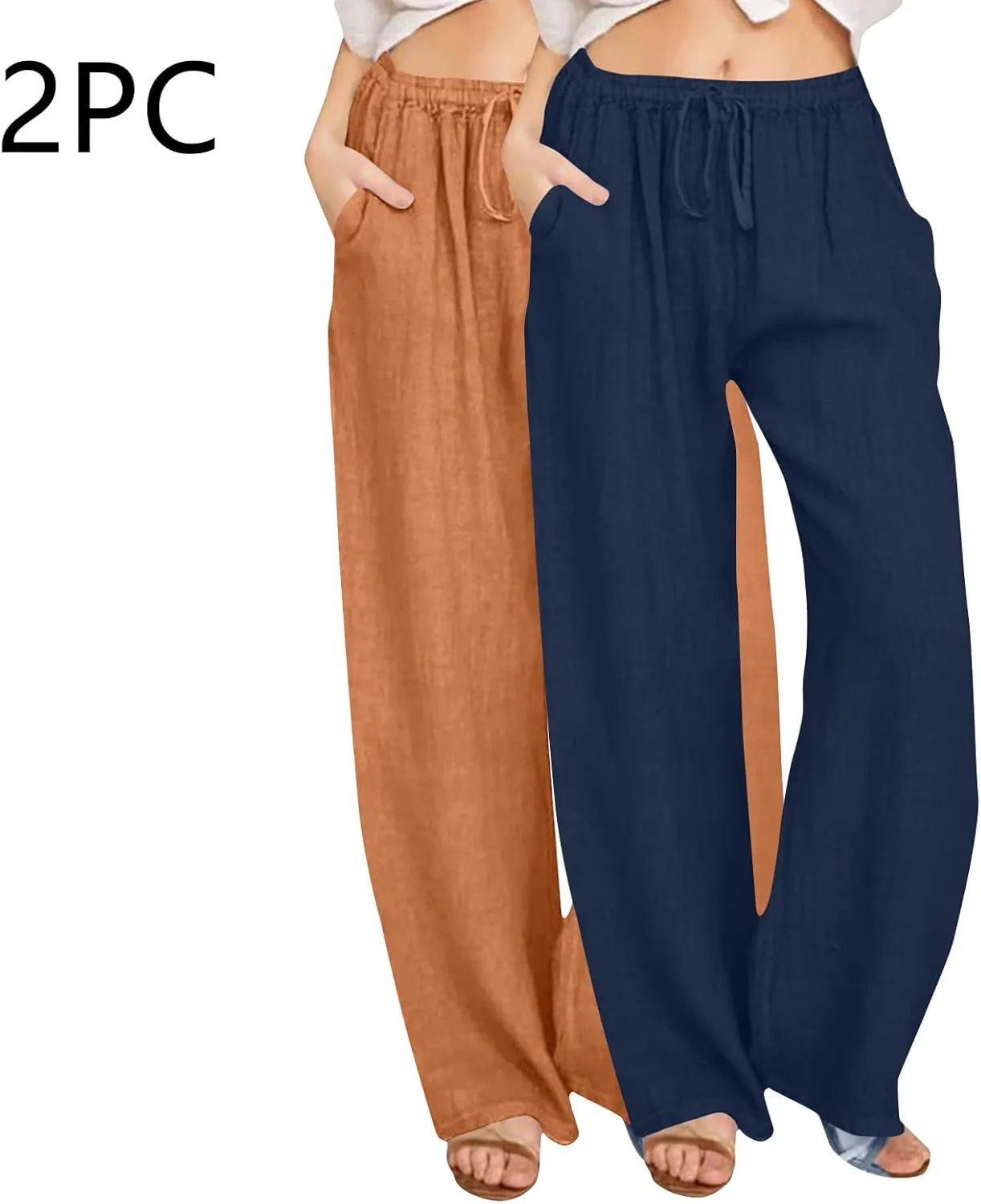 Lmdudan 2 Pc Cotton Linen Pants for Women Beach Pant Plus Size Wide Leg Sweatpants 2025 Summer Cropped Elastic Waist Trousers